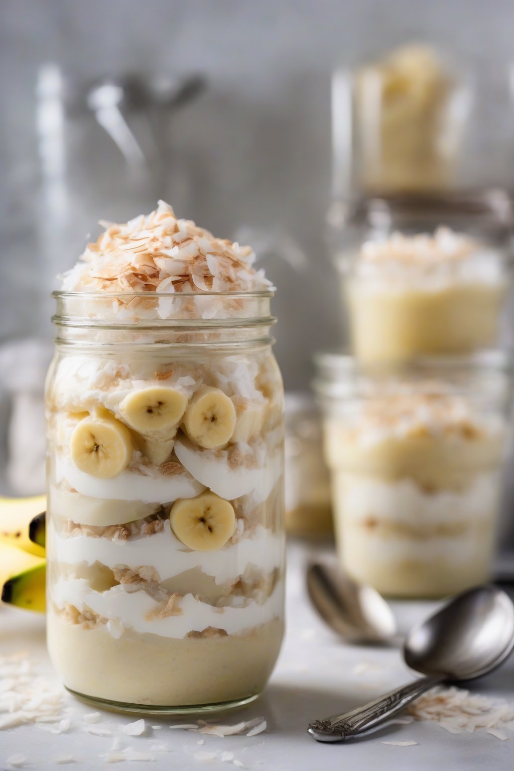 A high-resolution photo of vegan banana pudding layers in a jar, topped with coconut flakes, under soft lighting.