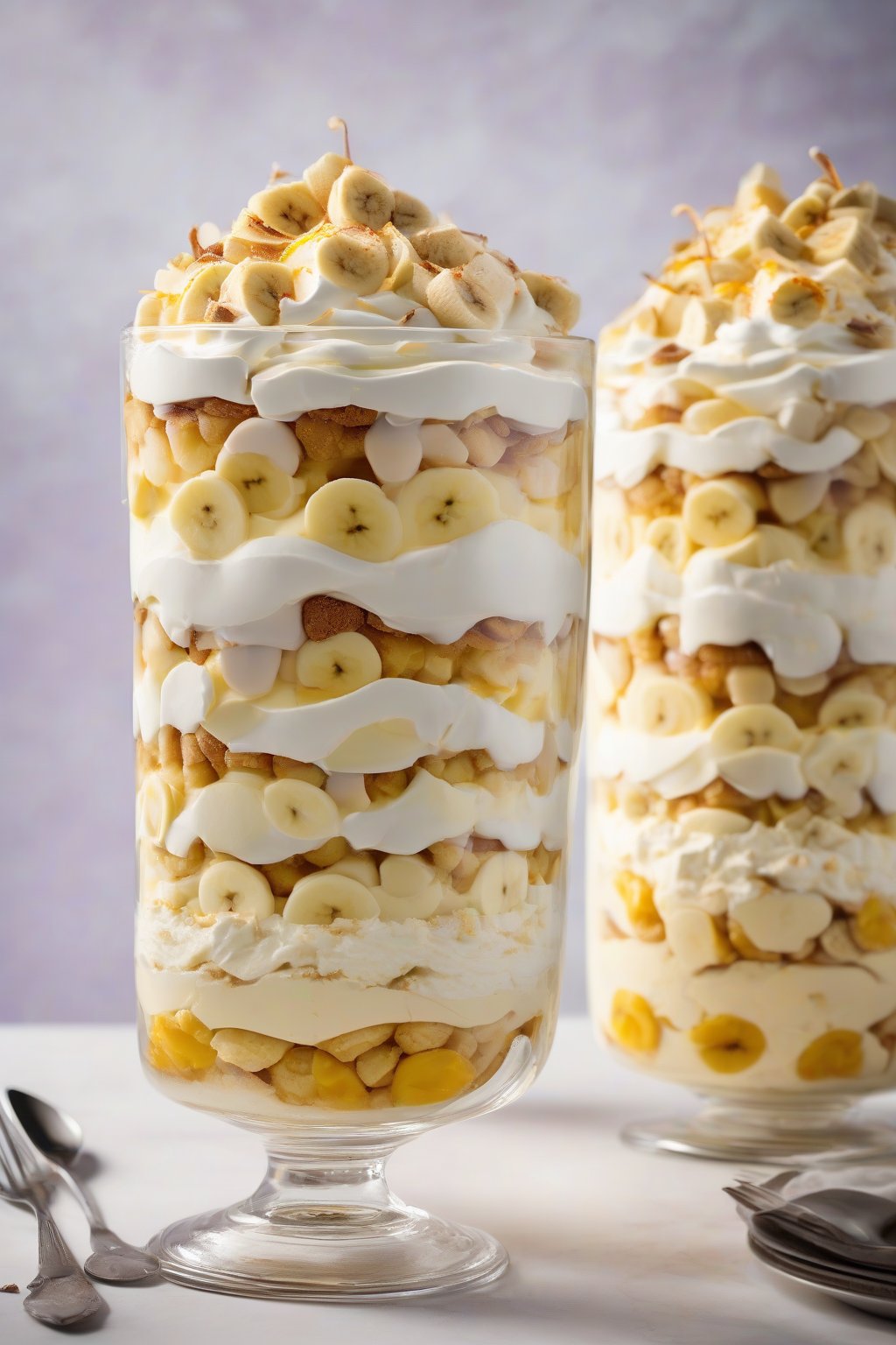 A high-resolution photo of a tall banana pudding trifle with multiple colorful layers, under soft lighting.