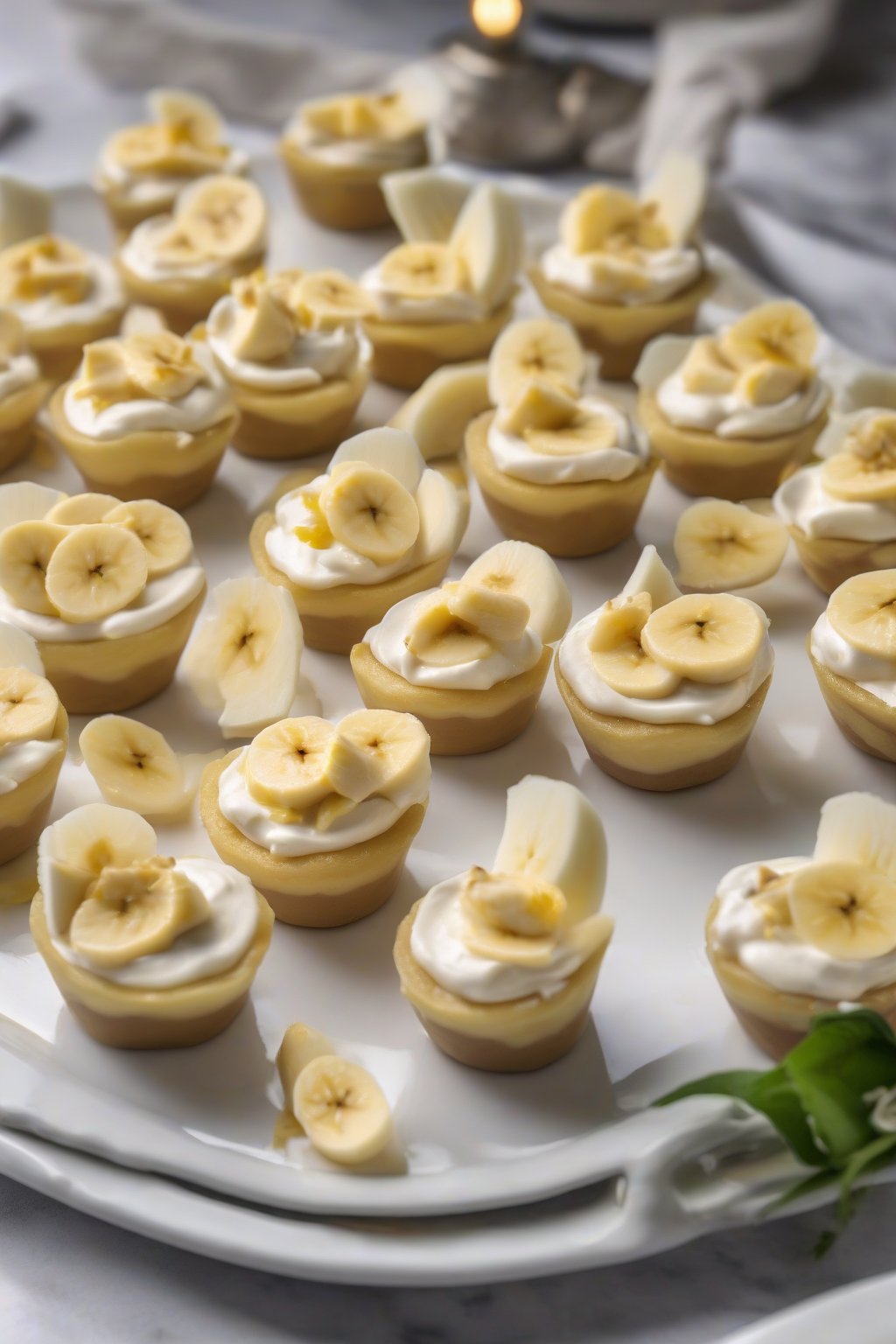 A high-resolution photo of mini banana pudding cups on a platter with fresh banana garnishes, under soft lighting.