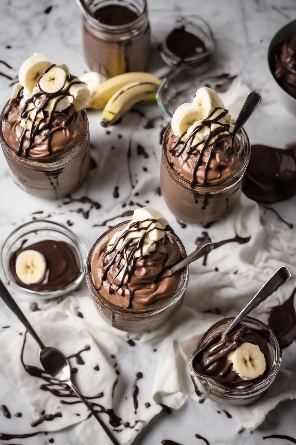 A high-resolution photo of chocolate banana pudding with melty chocolate drizzle, under soft lighting.