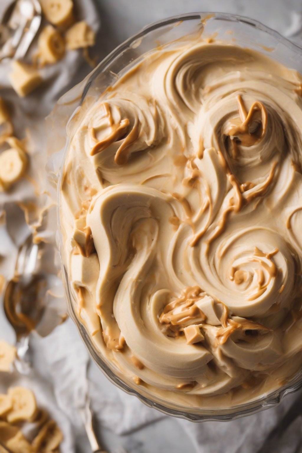 A high-resolution photo of peanut butter banana pudding swirled with PB ribbons, under soft lighting.