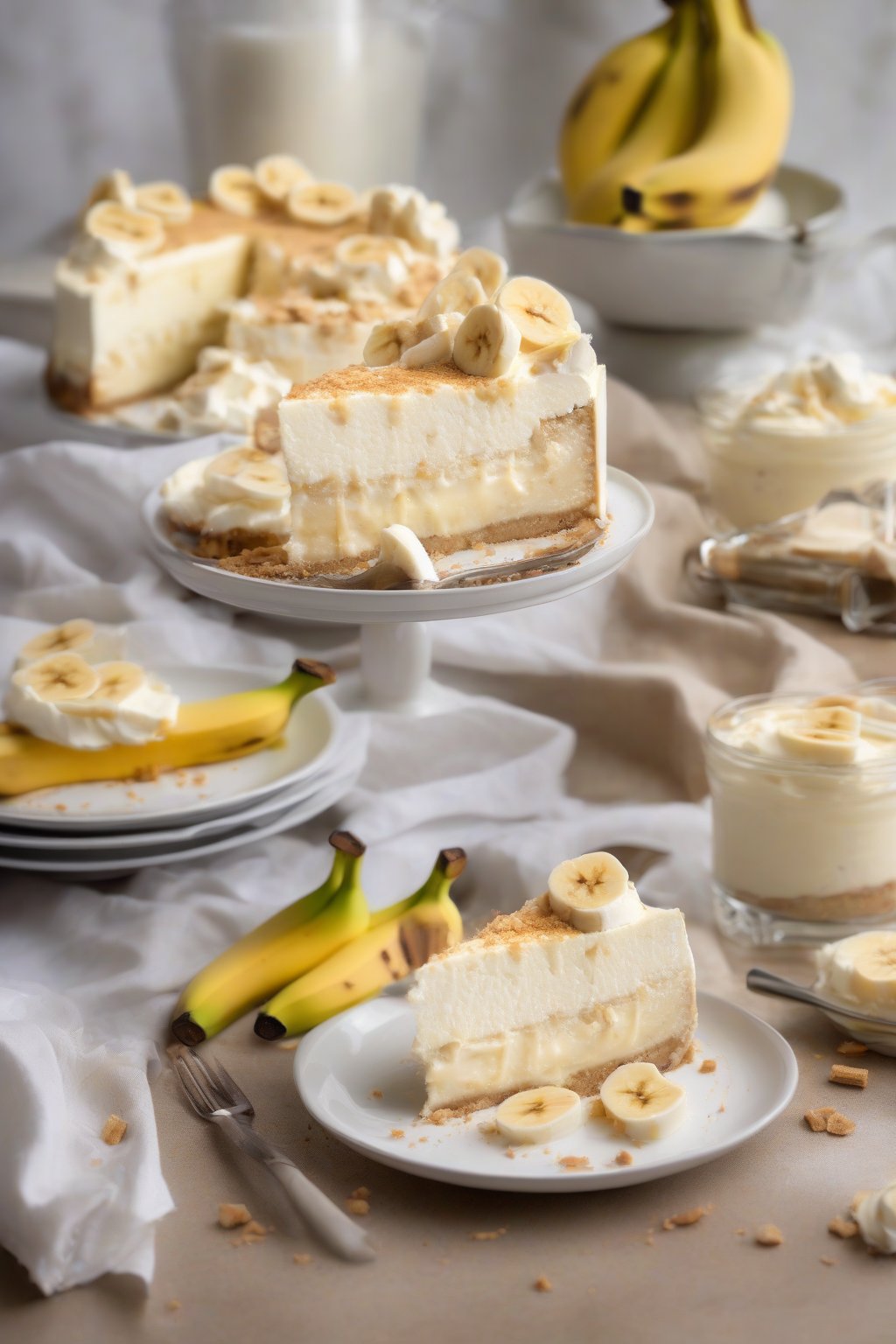 A high-resolution photo of sliced banana pudding cheesecake revealing creamy layers, under soft lighting.