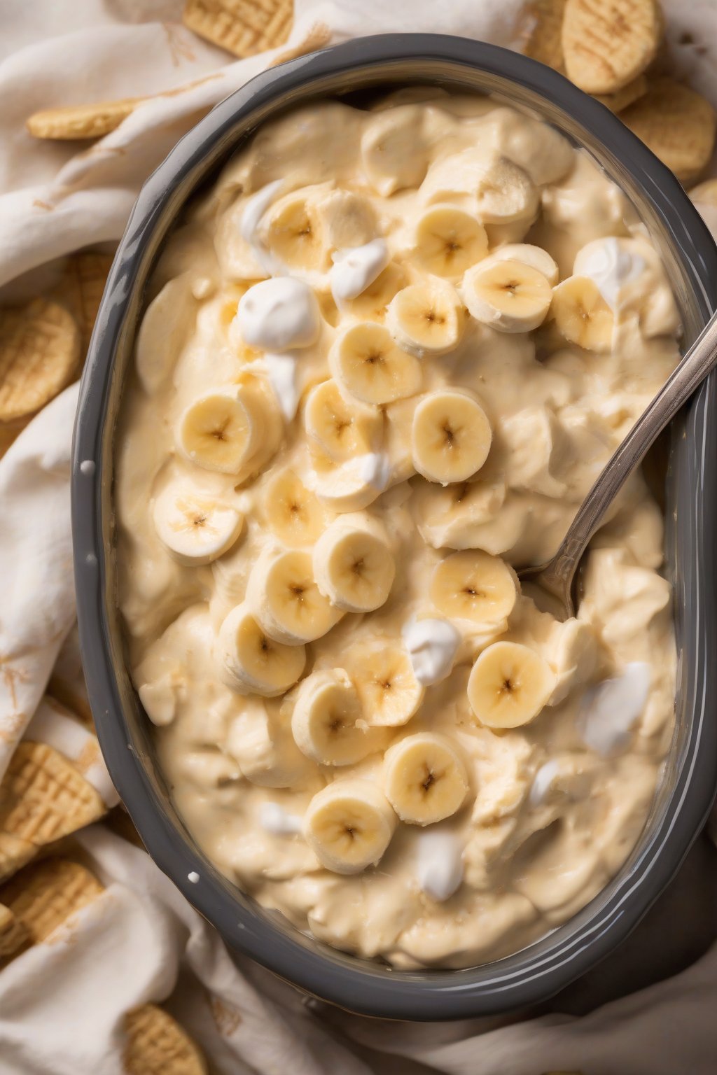 A high-resolution photo of crockpot banana pudding scooped warm with wafers, under soft lighting.