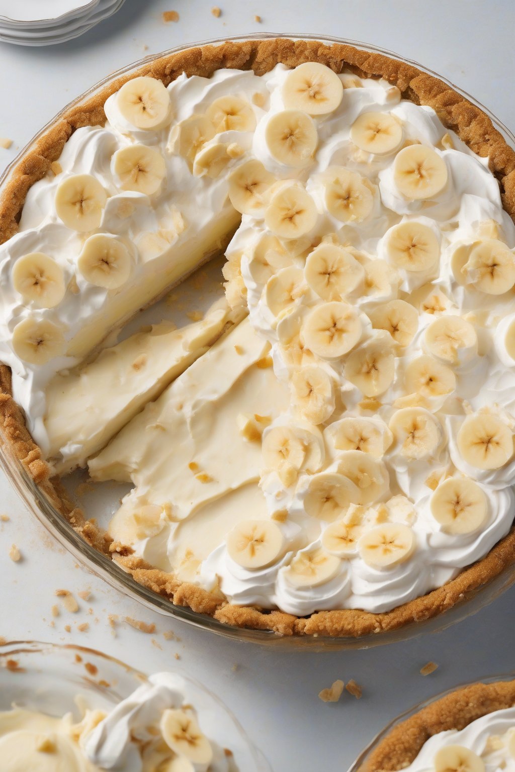 A high-resolution photo of a sliced frozen banana pudding pie with frosty edges, under soft lighting.