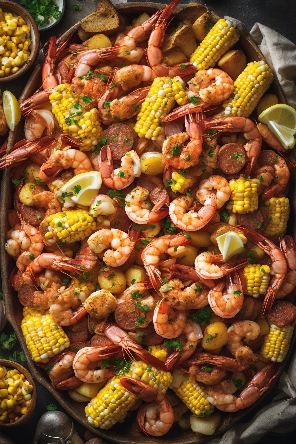A high-resolution photo of a steaming classic Old Bay shrimp boil piled high with shrimp, corn, potatoes, and sausage under soft lighting.