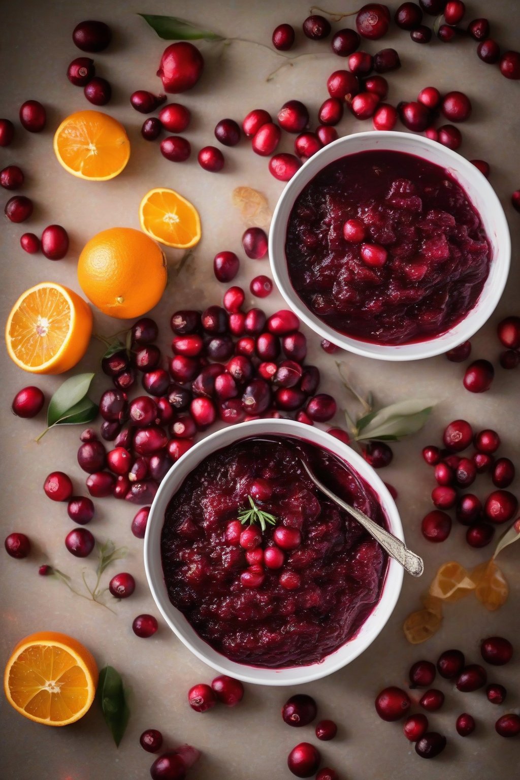 A high-resolution photo of classic homemade cranberry sauce in a white bowl, glistening with fresh cranberries and orange zest, under soft lighting.