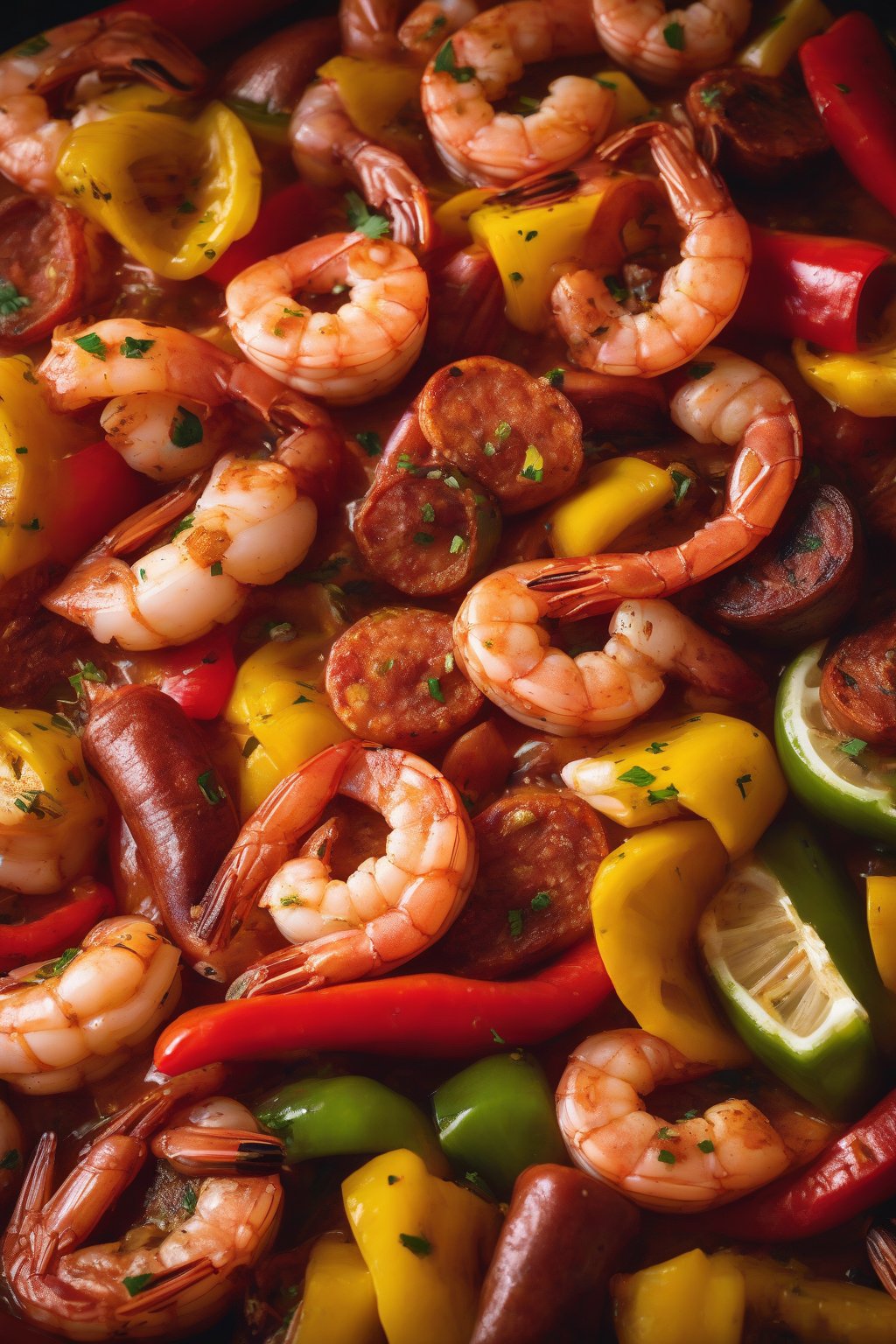 A high-resolution photo of a vibrant spicy Cajun shrimp boil with colorful peppers and andouille under soft lighting.