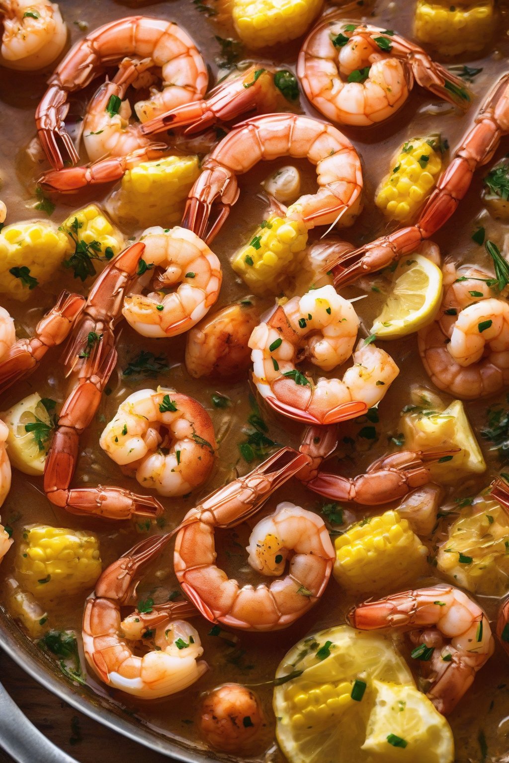 A high-resolution photo of glossy garlic butter shrimp boil glistening with golden drizzles under soft lighting.