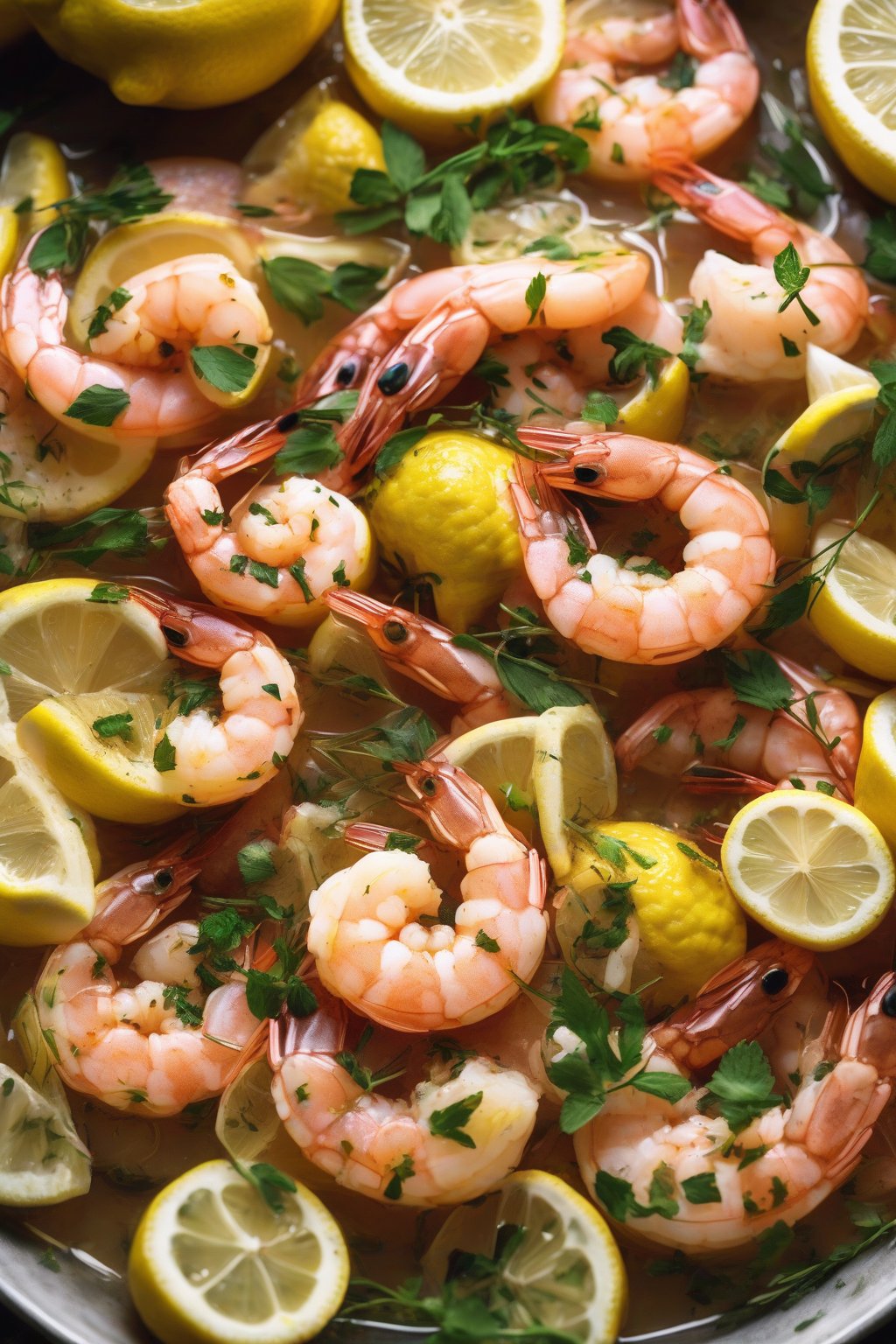 A high-resolution photo of a fresh lemon herb shrimp boil with lemon slices and green herbs under soft lighting.