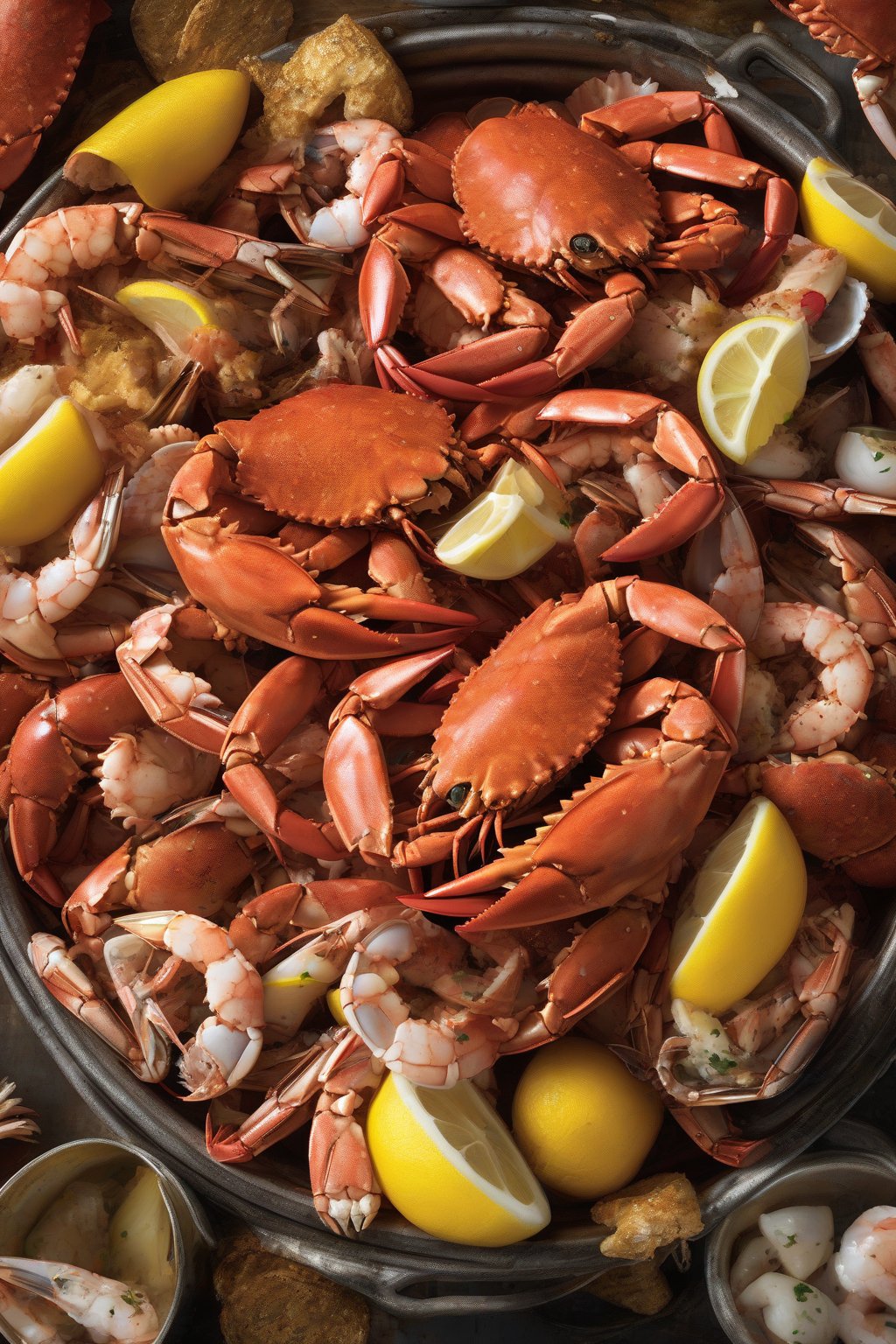 A high-resolution photo of a bountiful crab and shrimp Old Bay boil with cracked shells under soft lighting.