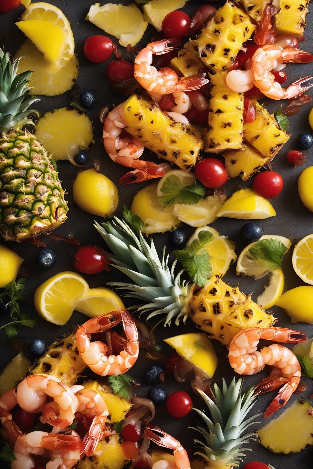 A high-resolution photo of a colorful tropical pineapple shrimp boil with juicy fruit under soft lighting.