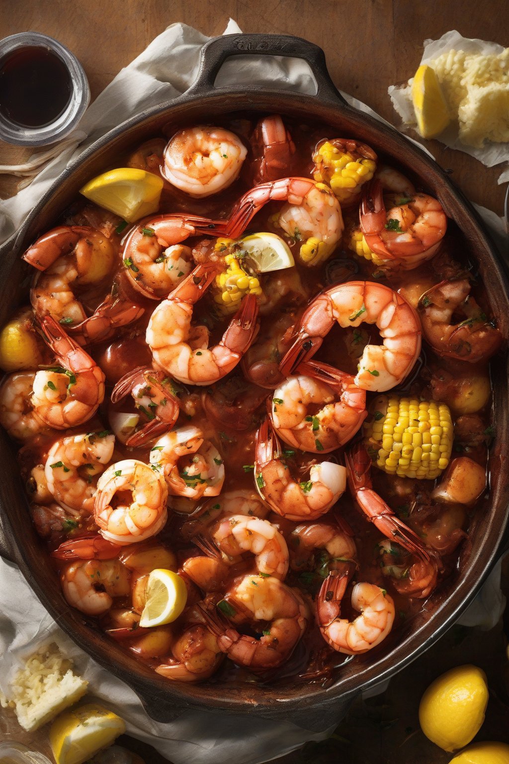 A high-resolution photo of a smoky BBQ shrimp boil drizzled with sauce under soft lighting.
