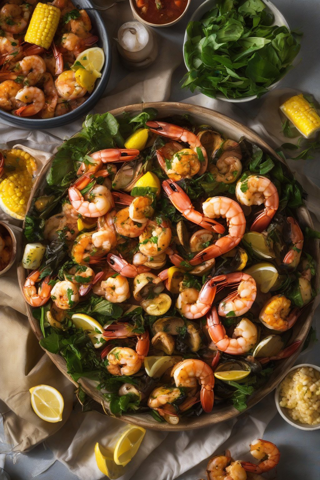 A high-resolution photo of a vibrant veggie-loaded Old Bay shrimp boil with greens under soft lighting.