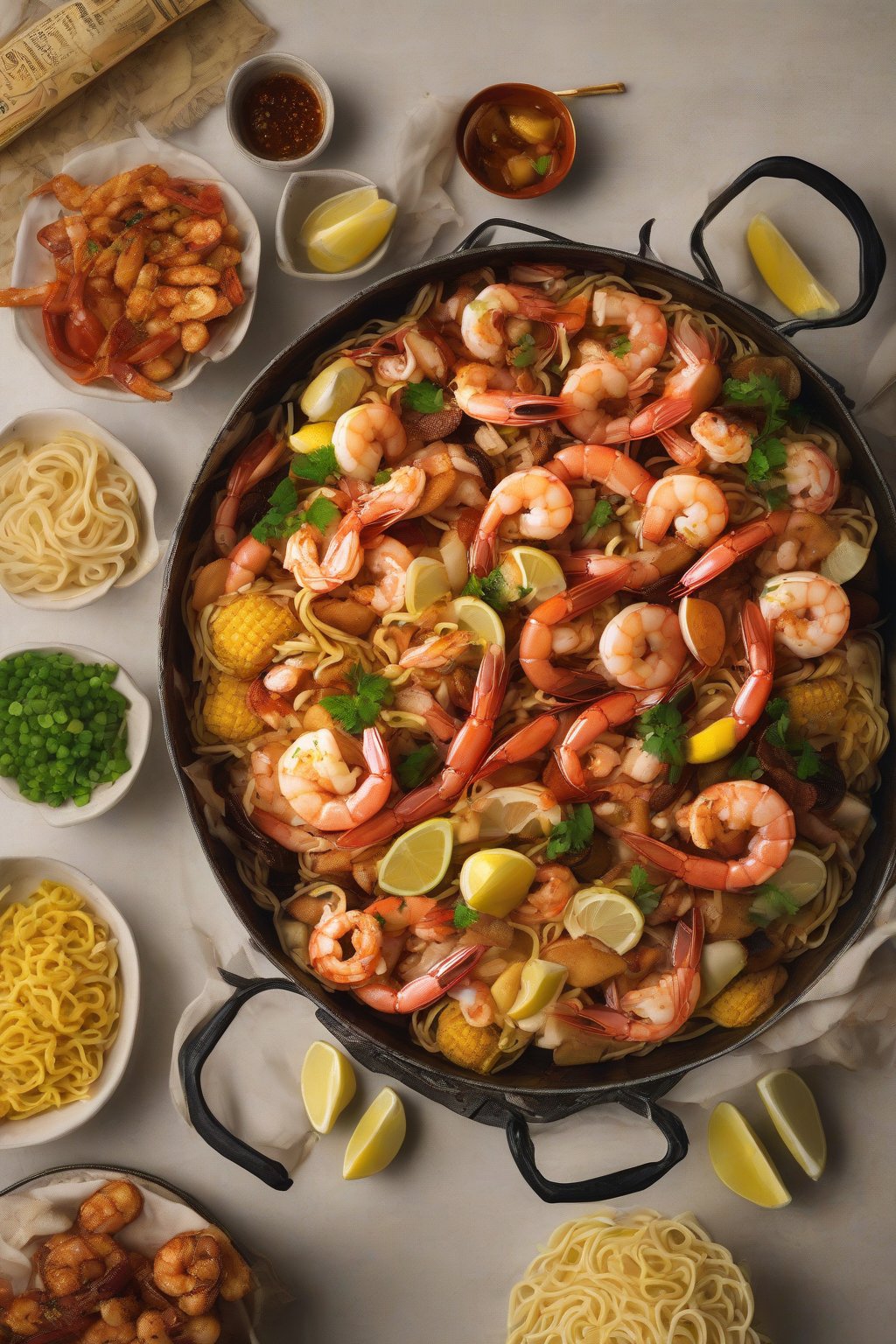 A high-resolution photo of an Asian fusion Old Bay shrimp boil with noodles under soft lighting.
