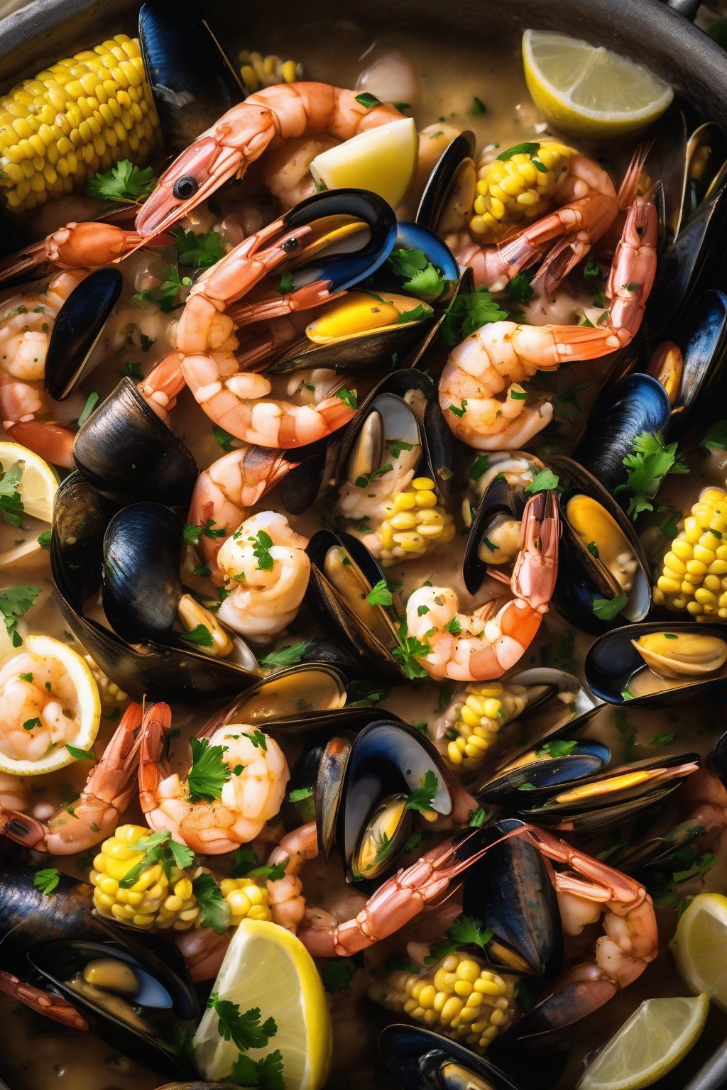 A high-resolution photo of a creamy Old Bay shrimp boil with mussels under soft lighting.