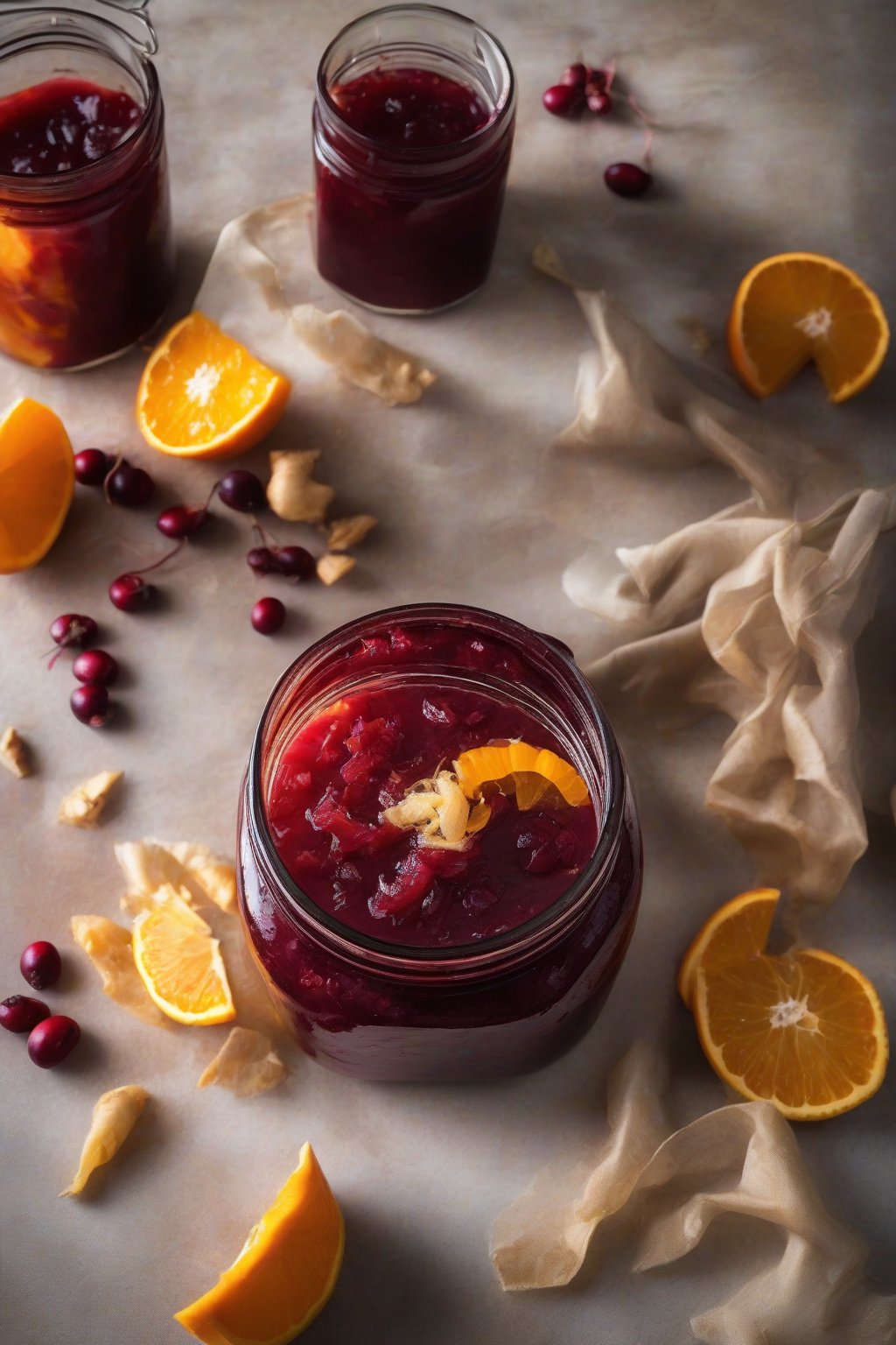 A high-resolution photo of orange-ginger cranberry sauce swirled with fresh ginger shreds and orange slices, in a rustic jar, under soft lighting.