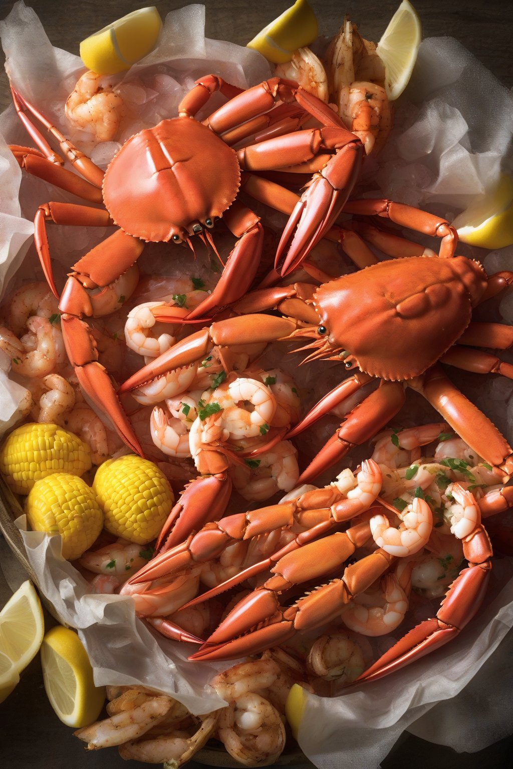 A high-resolution photo of elegant snow crab and shrimp Old Bay boil under soft lighting.