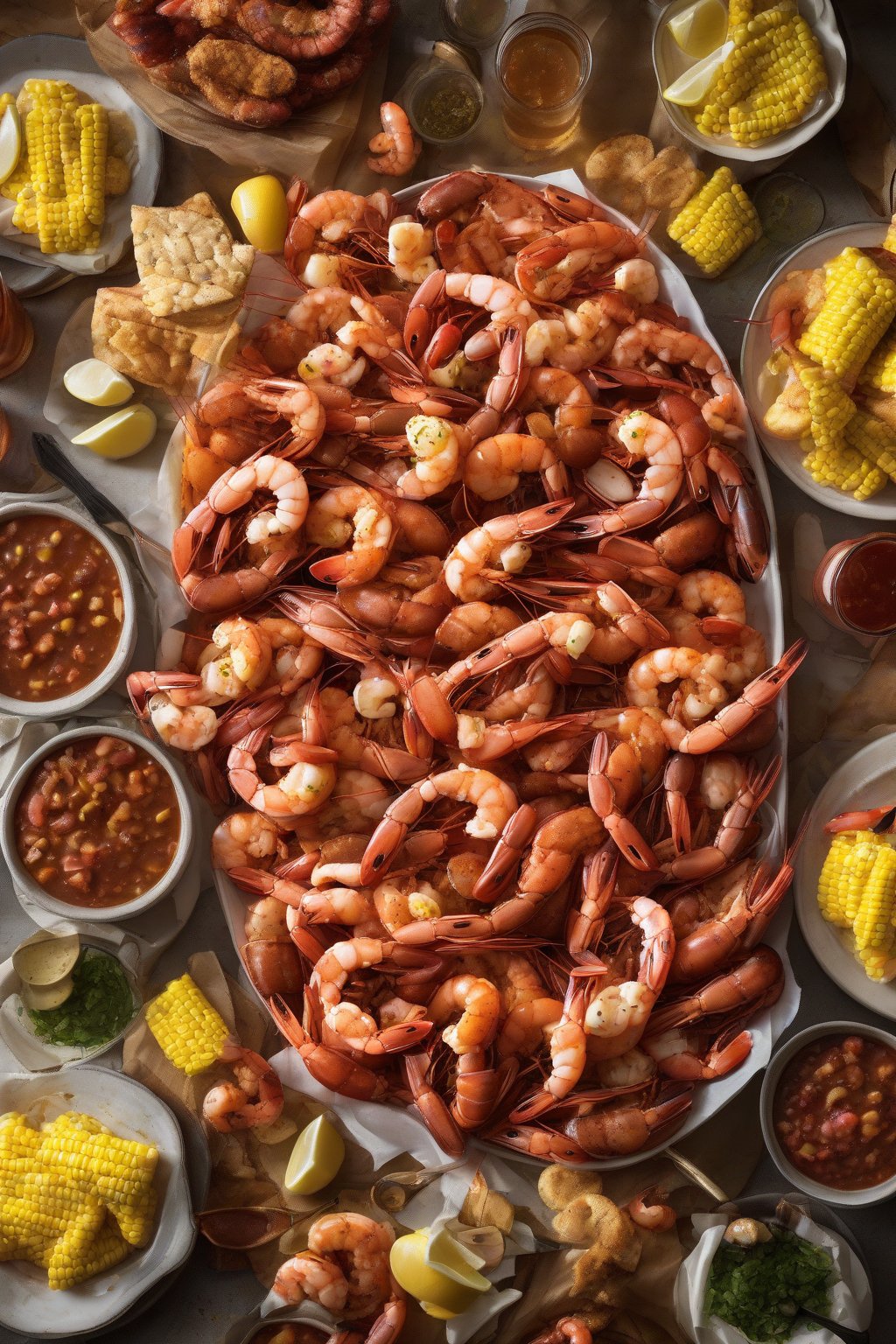 A high-resolution photo of a massive family-style Old Bay shrimp boil spread under soft lighting.