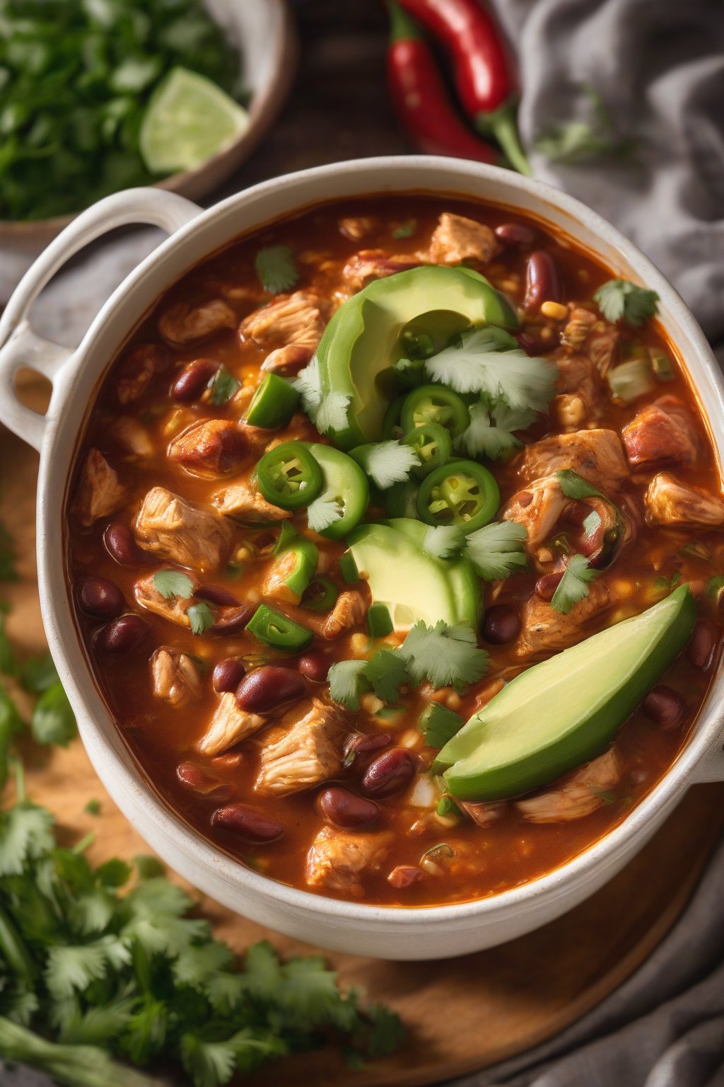 A high-resolution photo of a steaming bowl of classic spicy chicken chili topped with cilantro and jalapeño slices, under soft lighting.