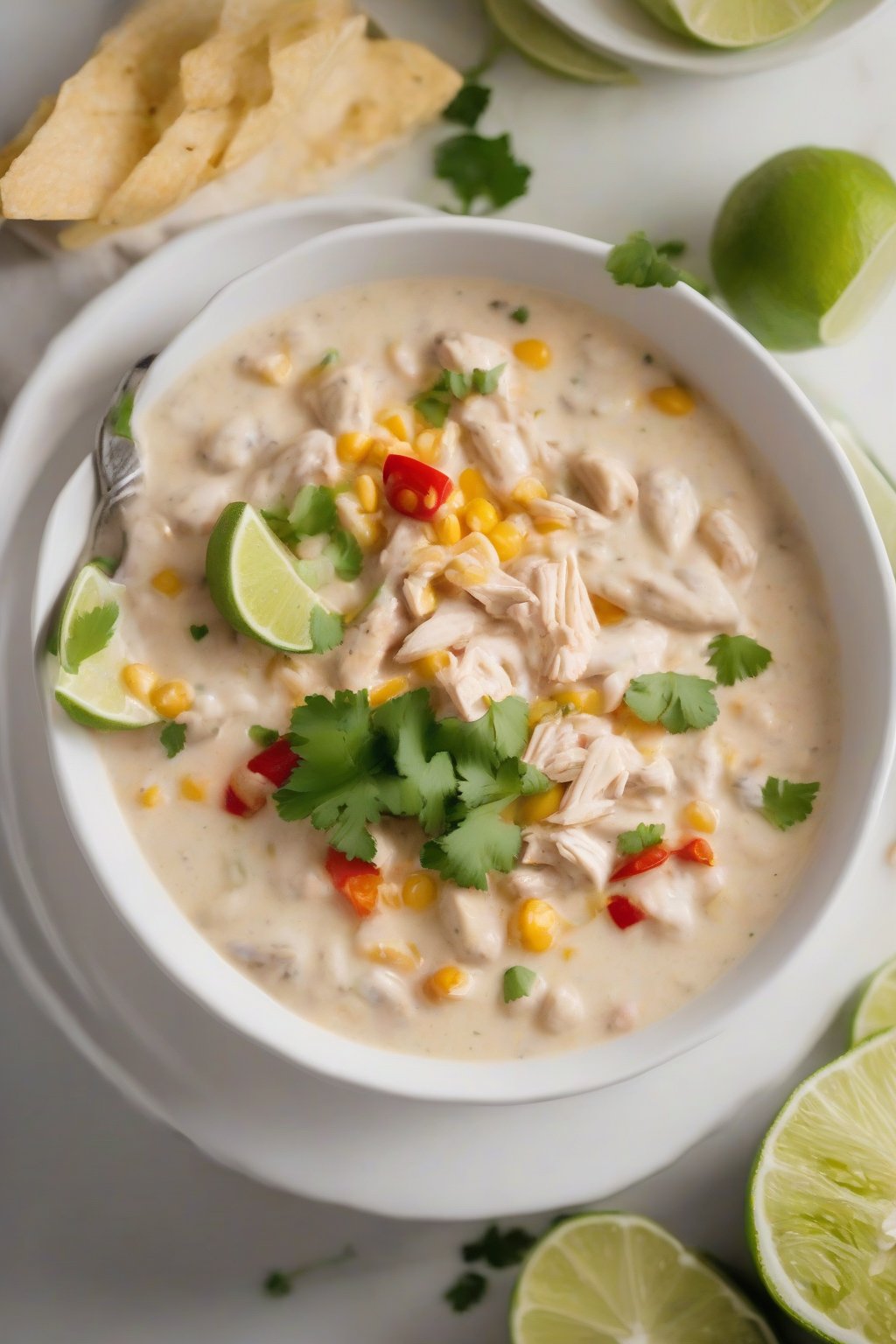 A high-resolution photo of creamy white chicken chili with habanero flecks and lime garnish in a white bowl, under soft lighting.
