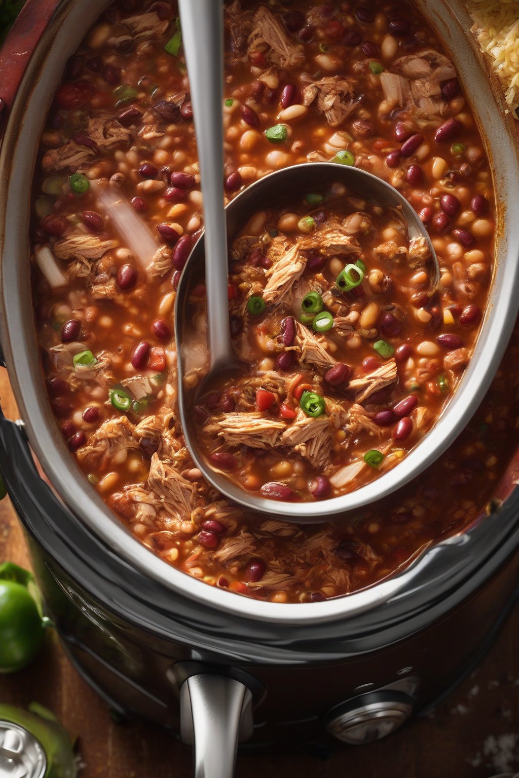 A high-resolution photo of slow cooker spicy chicken chili with shredded meat and beans, steam rising from a ladle, under soft lighting.
