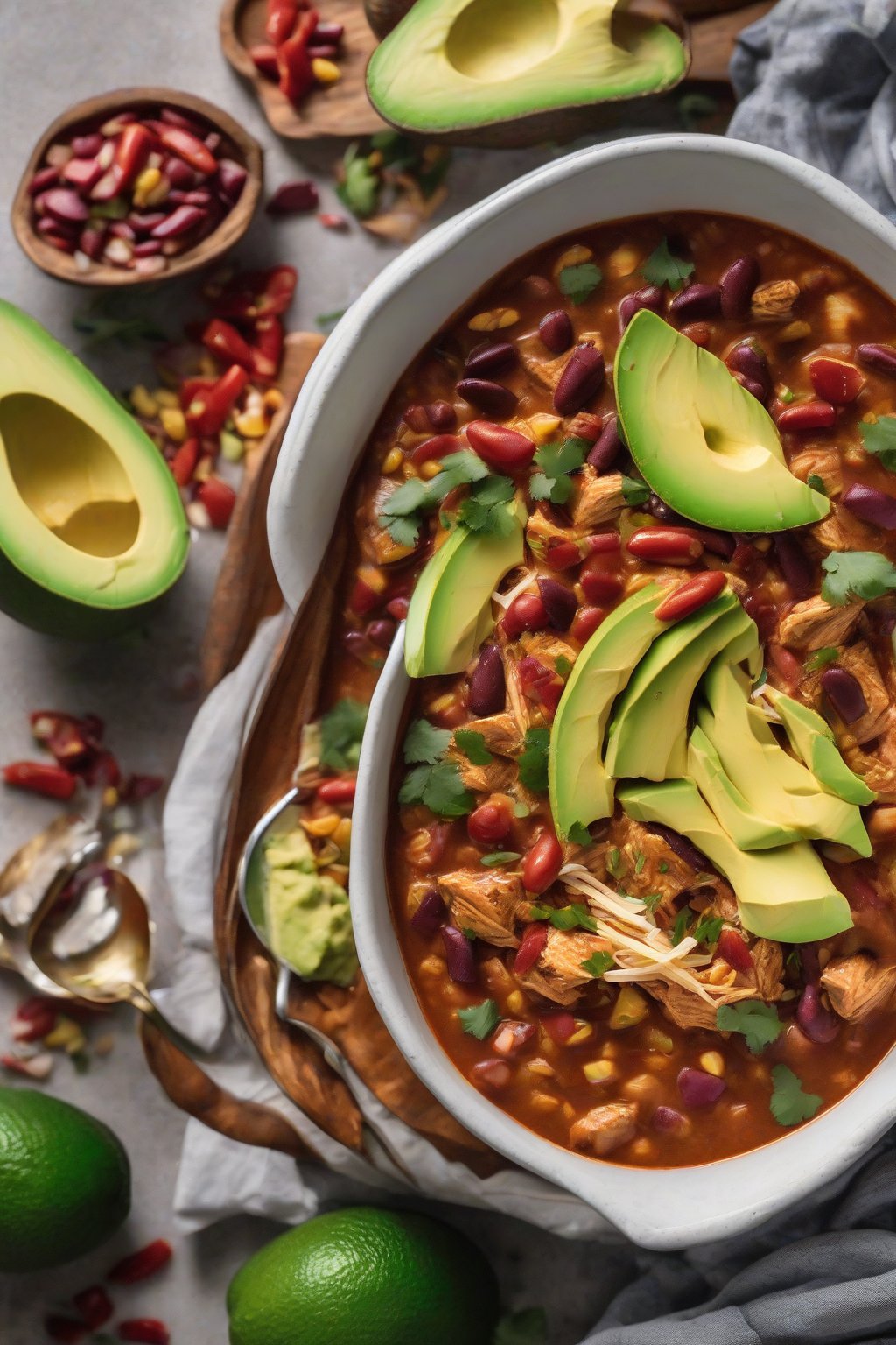 A high-resolution photo of Instant Pot spicy chicken chili garnished with avocado slices, in a modern bowl, under soft lighting.
