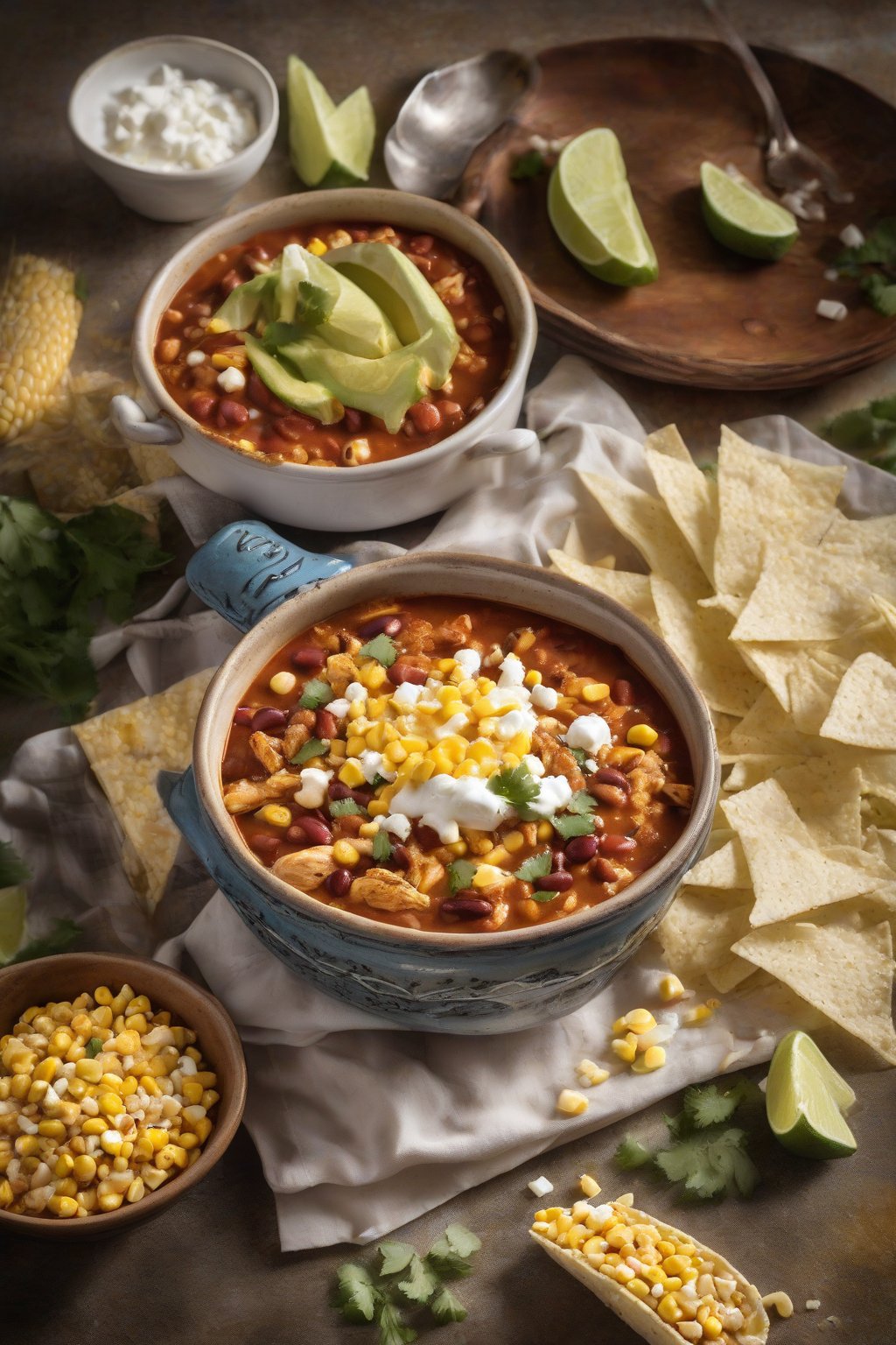 A high-resolution photo of Tex-Mex chicken chili with corn kernels and crumbled queso fresco, under soft lighting.