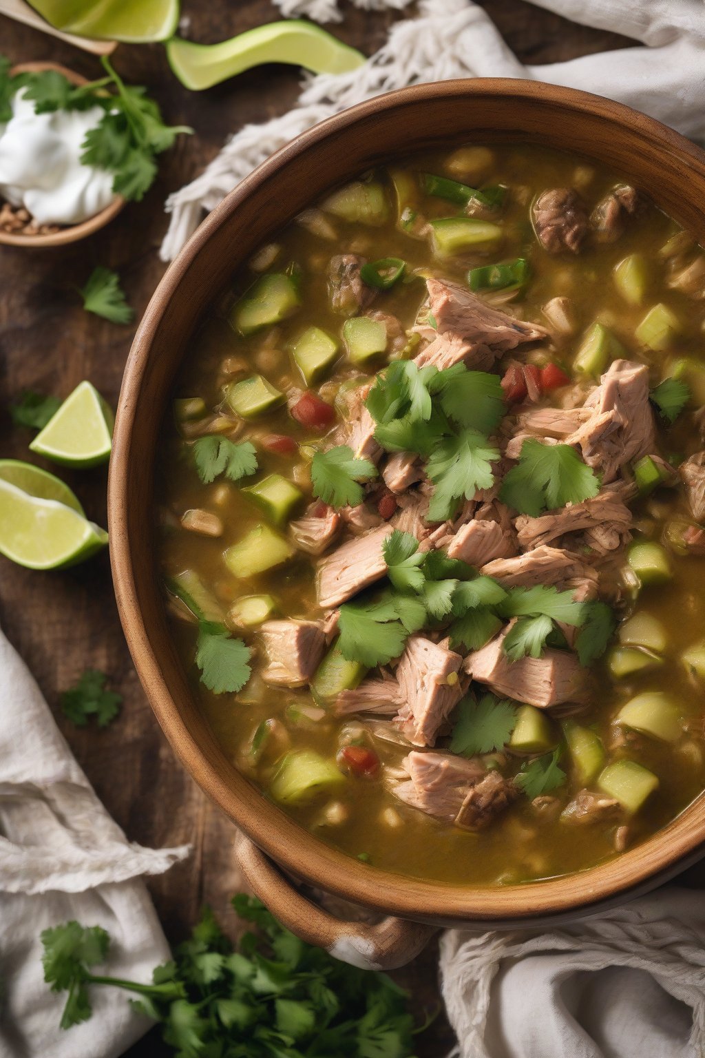 A high-resolution photo of vibrant green chile chicken chili with chunks of meat, in a rustic bowl, under soft lighting.