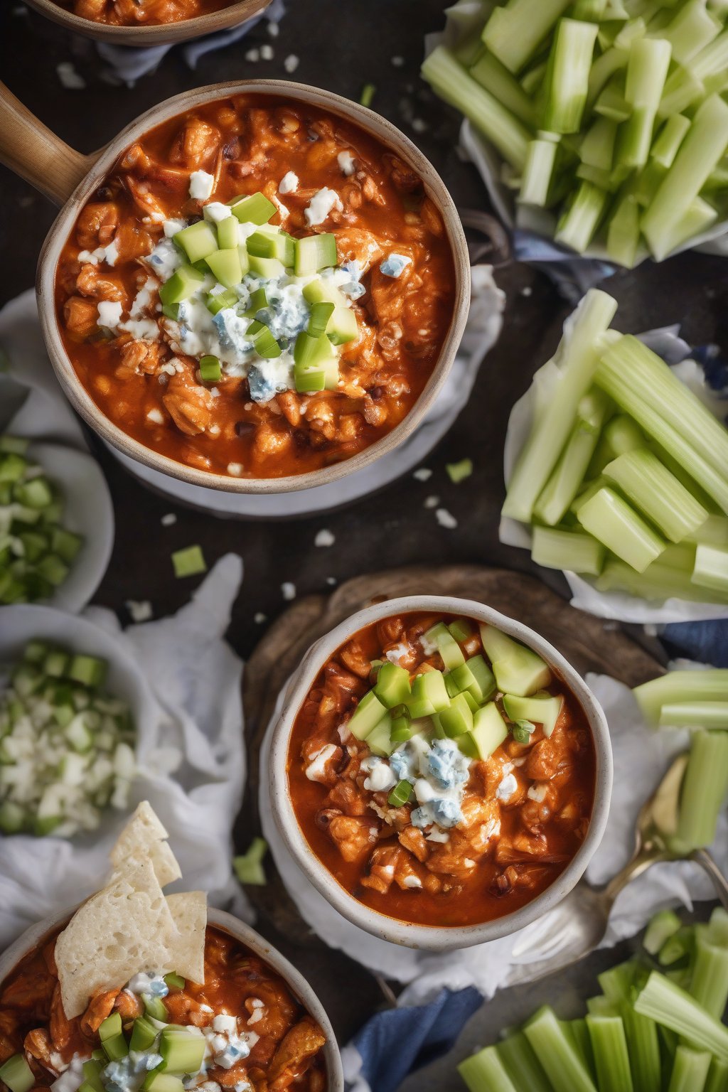 A high-resolution photo of buffalo chicken chili topped with blue cheese crumbles and celery bits, under soft lighting.