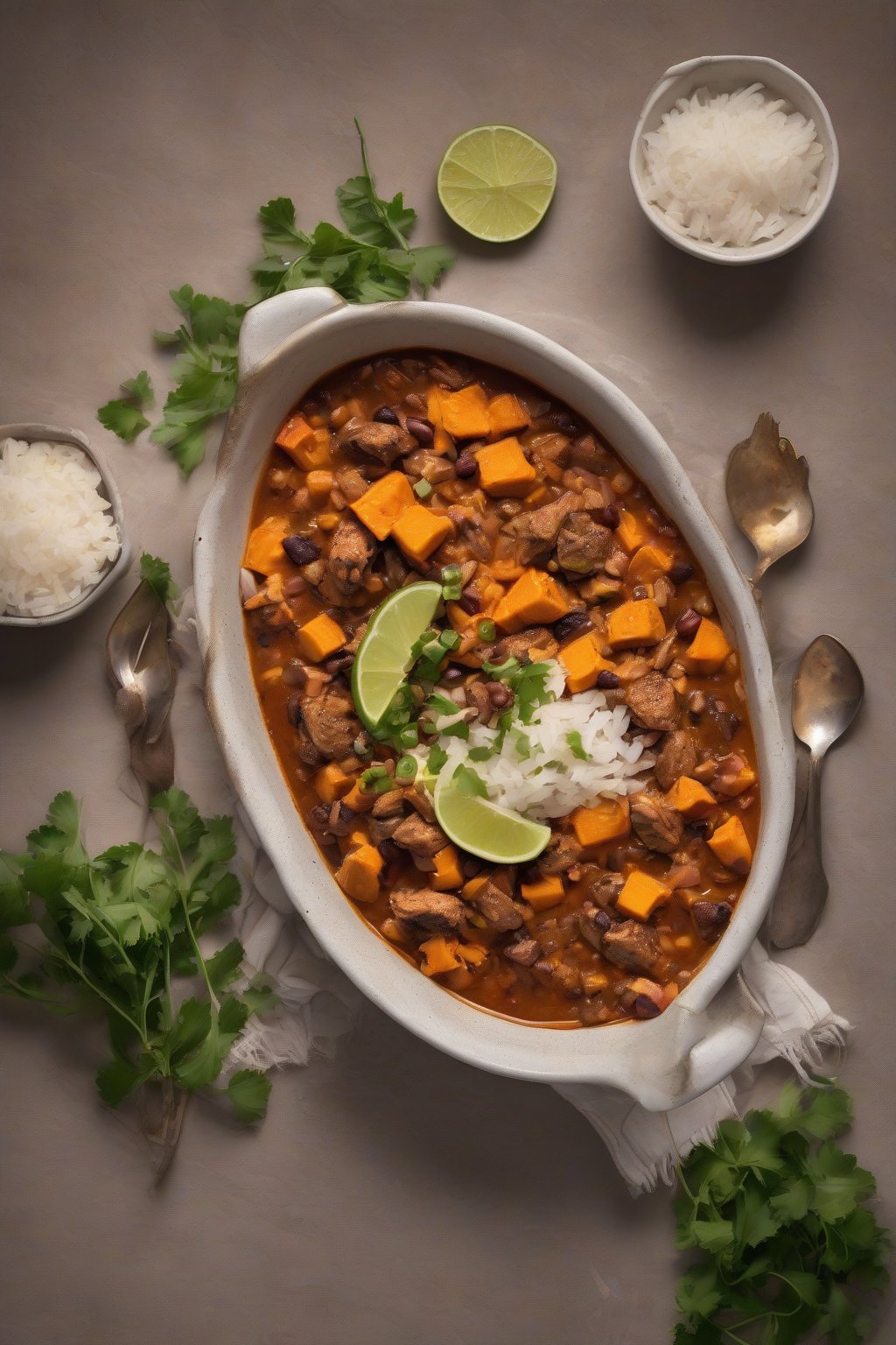 A high-resolution photo of jerk chicken chili with diced sweet potato and coconut garnish, under soft lighting.