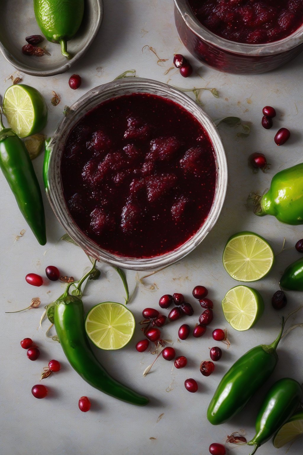 A high-resolution photo of spicy jalapeño cranberry sauce with green flecks and lime zest, served in a small dish, under soft lighting.