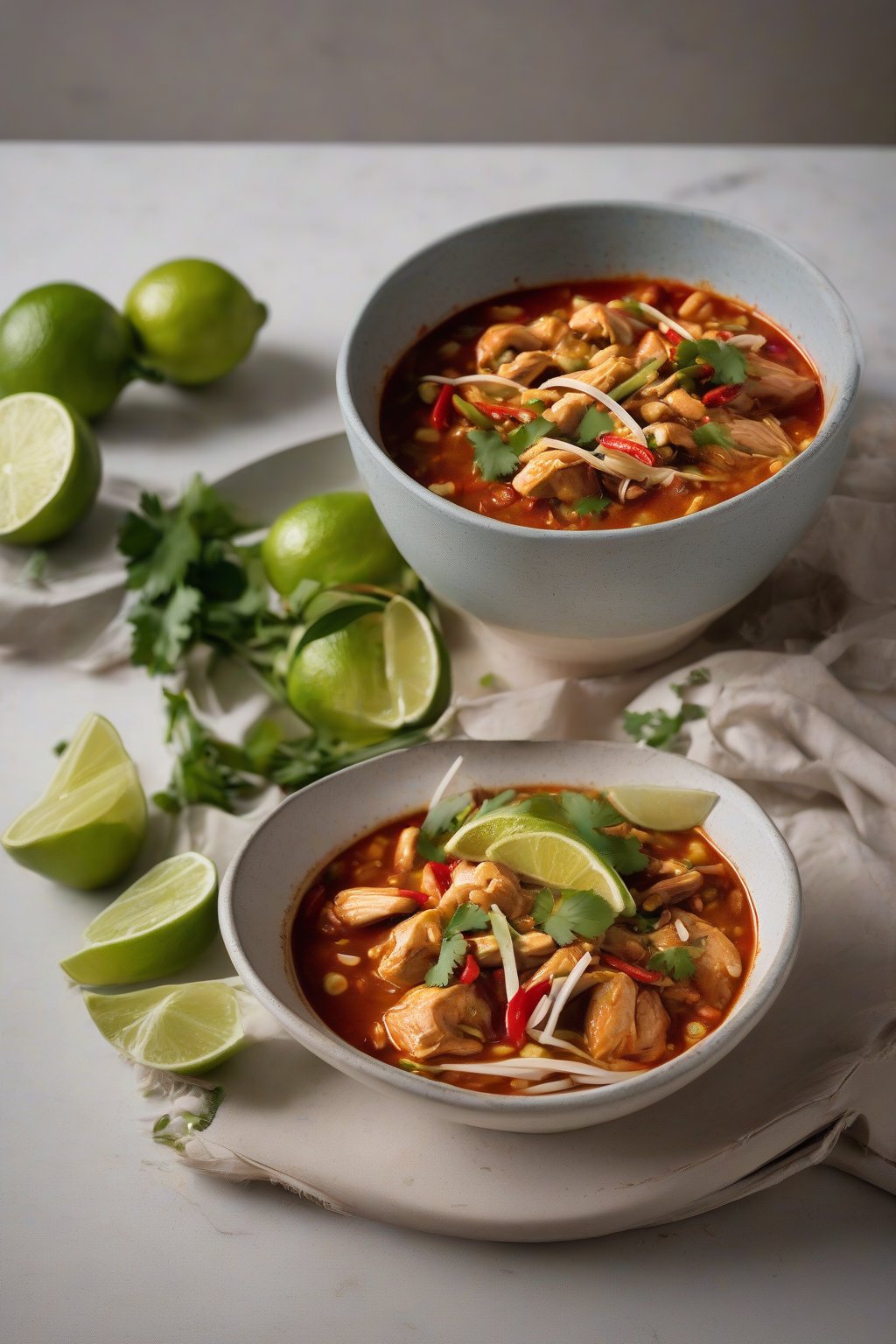 A high-resolution photo of Thai chicken chili with lemongrass strands and lime wedges, under soft lighting.