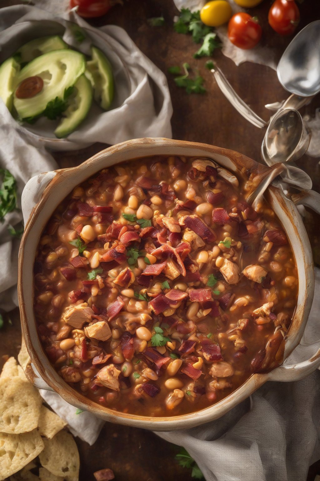 A high-resolution photo of smoky chipotle chicken chili with bacon bits on top, under soft lighting.