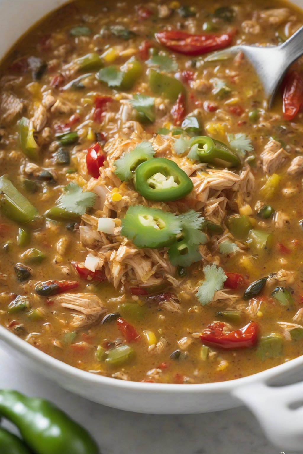 A high-resolution photo of Hatch chile chicken chili showing roasted pepper flecks, under soft lighting.