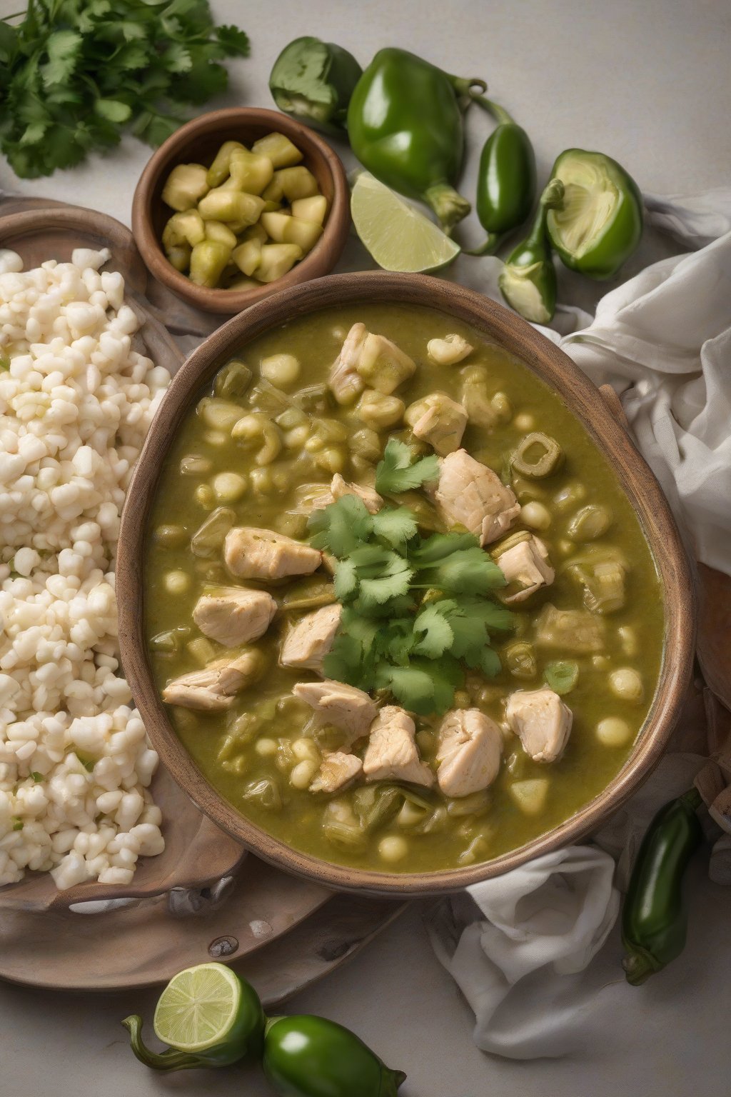 A high-resolution photo of green chili verde with chicken chunks and hominy, under soft lighting.