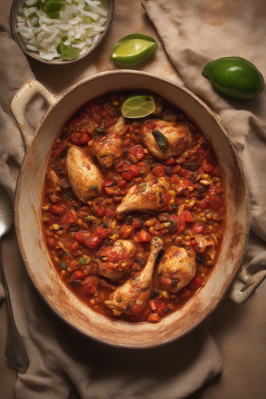 A high-resolution photo of fire-roasted chicken chili with charred tomato bits, under soft lighting.