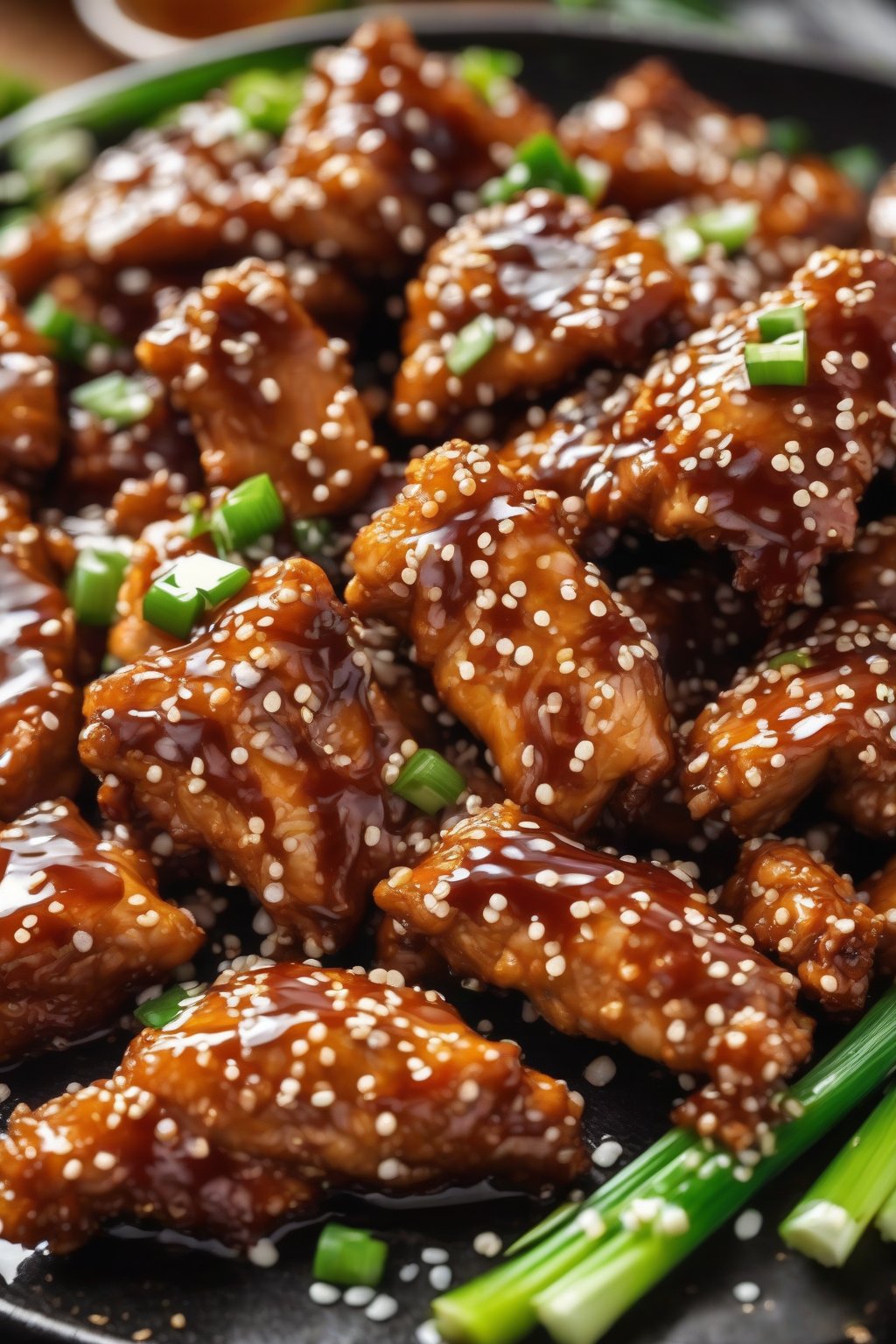A high-resolution close-up photo of golden crispy sticky sesame chicken pieces glistening with glossy sauce, sprinkled with sesame seeds and green onions, under soft lighting.