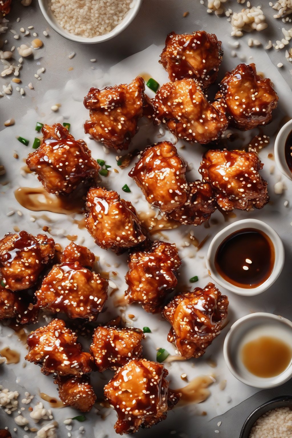 A high-resolution photo of air-fried sticky sesame chicken bites with a crunchy exterior and shiny sauce drizzle, garnished with sesame seeds, under soft lighting.