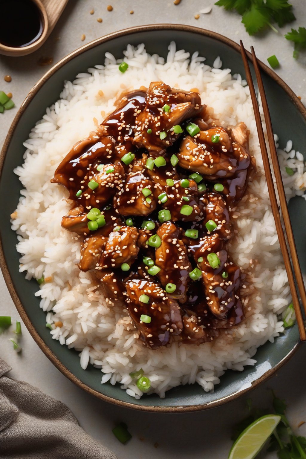 A high-resolution photo of shredded slow cooker sticky sesame chicken in a glossy sauce, served over rice with sesame topping, under soft lighting.