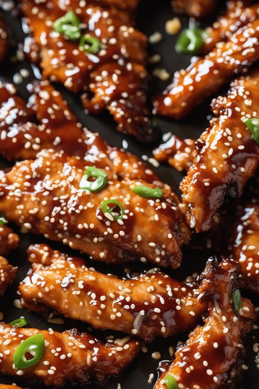 A high-resolution close-up of baked sticky sesame chicken tenders with caramelized edges and thick glaze, under soft lighting.