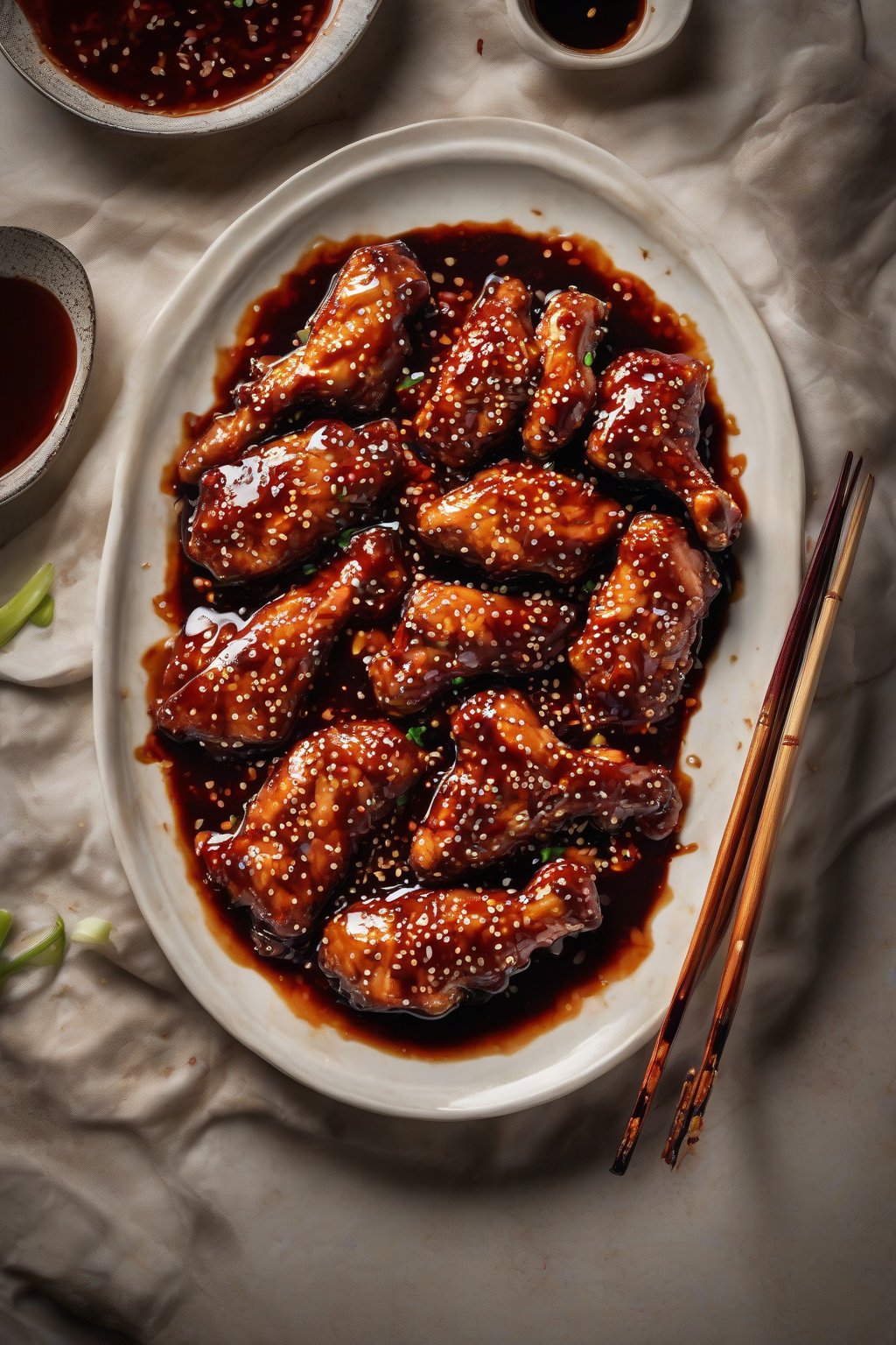 A high-resolution photo of spicy sticky sesame chicken with red chili flecks in glossy sauce, steaming hot, under soft lighting.