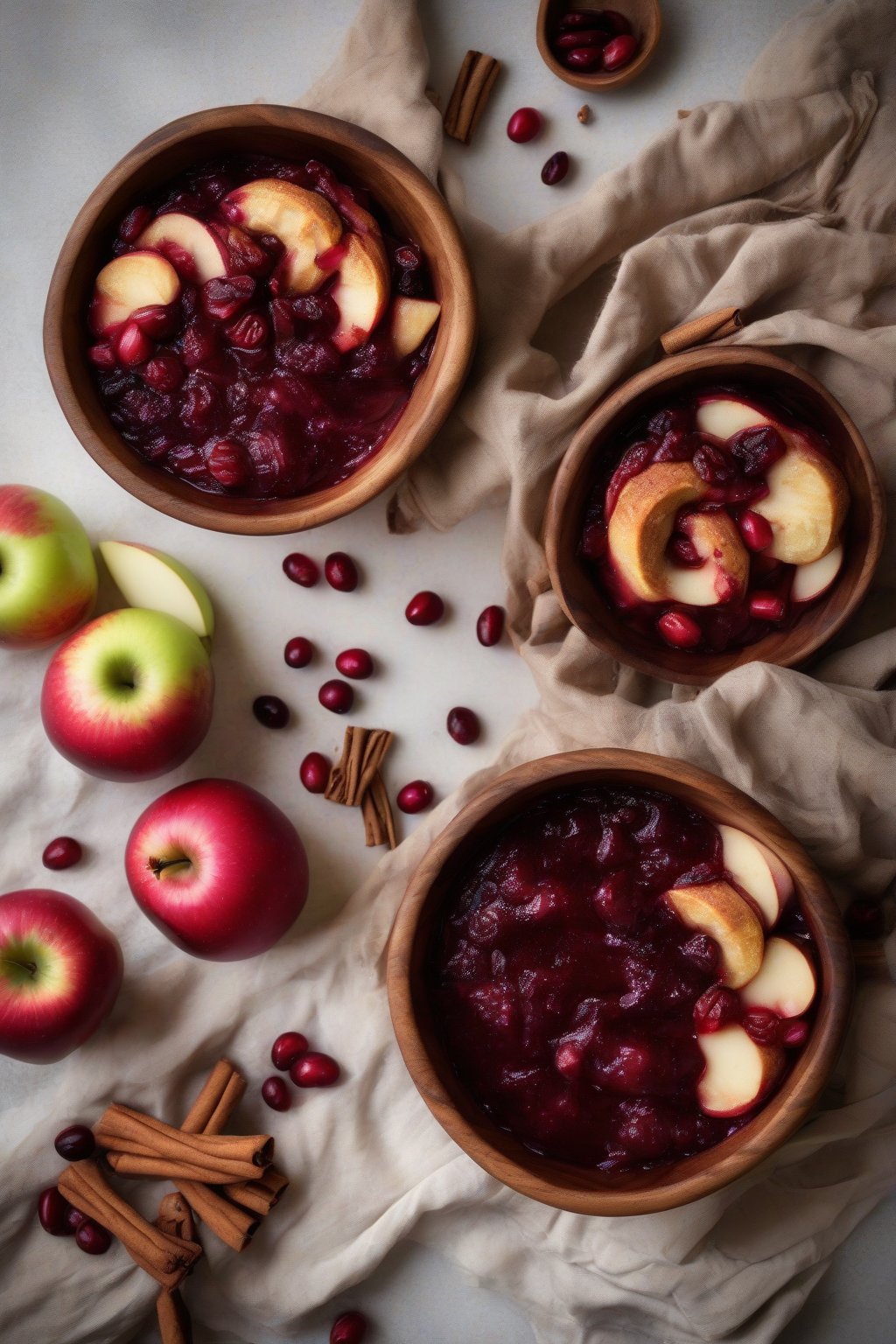 A high-resolution photo of apple-cinnamon cranberry sauce with apple chunks and cinnamon swirls, in a wooden bowl, under soft lighting.