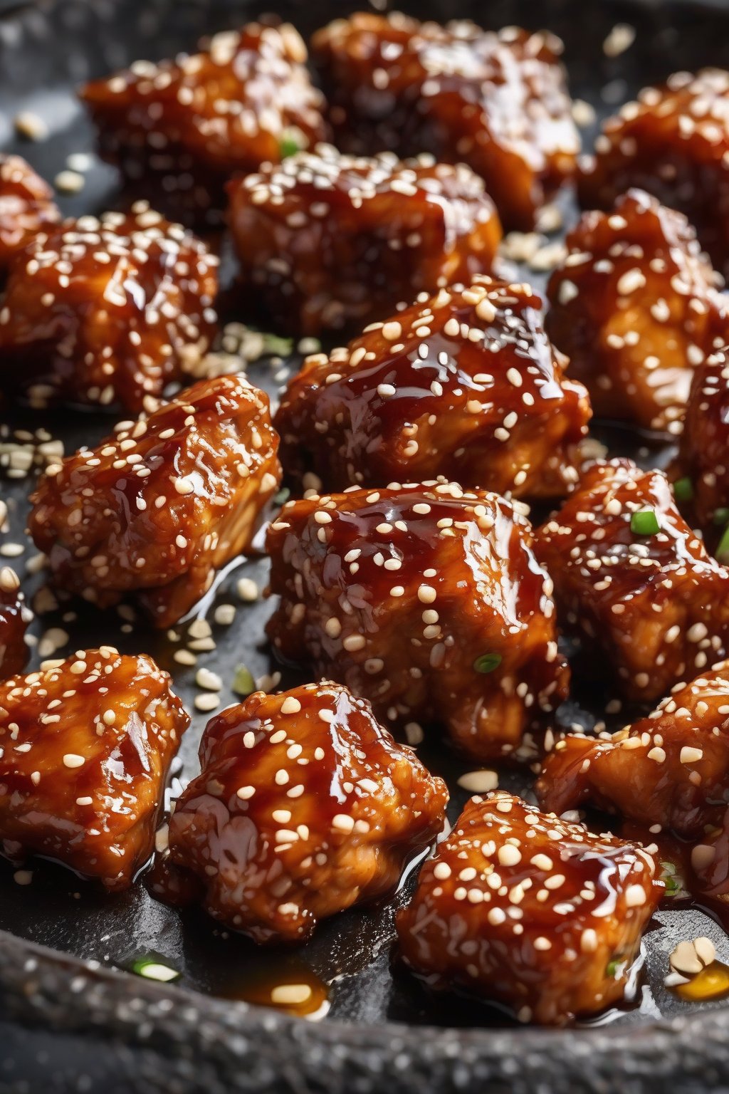 A high-resolution close-up of honey garlic sticky sesame chicken chunks coated in amber glaze with sesame seeds, under soft lighting.