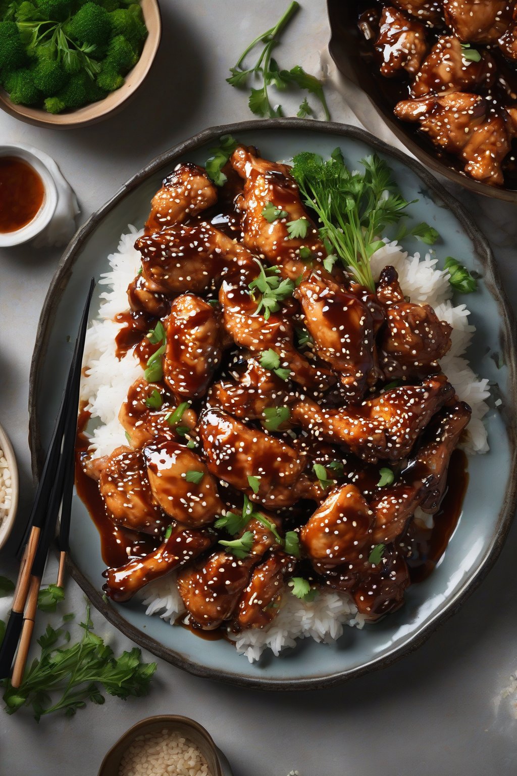 A high-resolution photo of gluten-free sticky sesame chicken piled high with shiny sauce and herbs, under soft lighting.