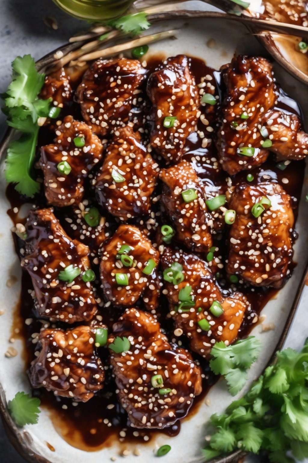 A high-resolution close-up of keto sticky sesame chicken with thick low-carb glaze, under soft lighting.