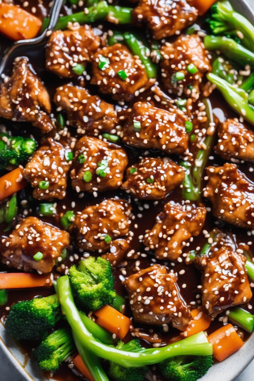 A high-resolution photo of Instant Pot sticky sesame chicken in glossy sauce over veggies, under soft lighting.