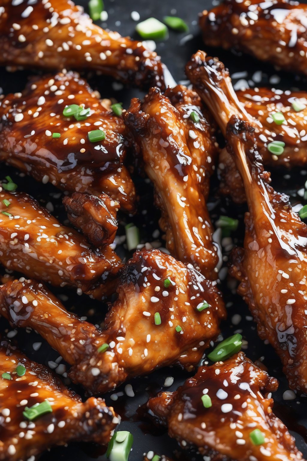 A high-resolution close-up of crispy sticky sesame chicken wings with charred sauce edges, under soft lighting.
