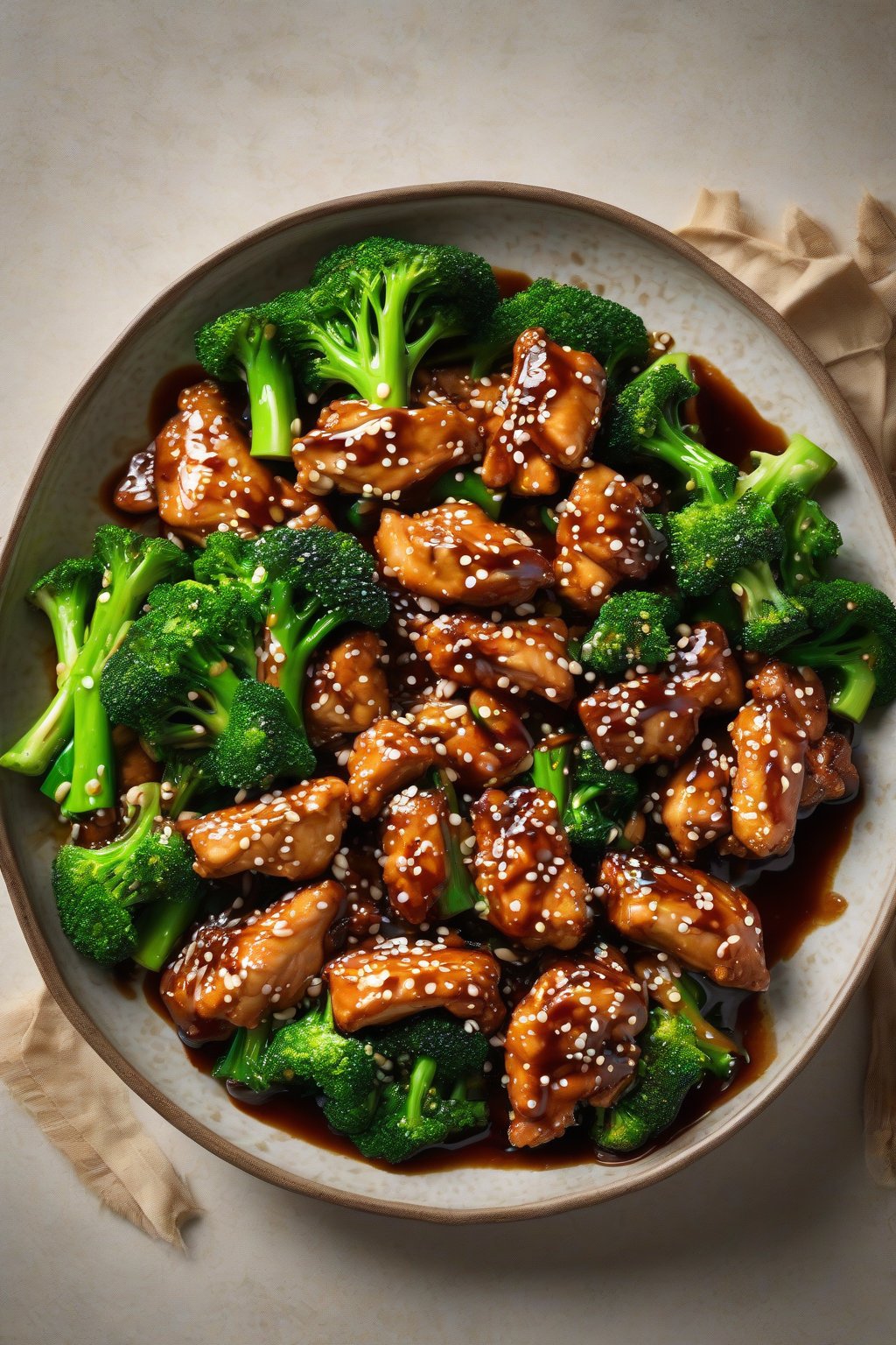 A high-resolution photo of sticky sesame chicken stir-fried with vibrant green broccoli in sauce, under soft lighting.