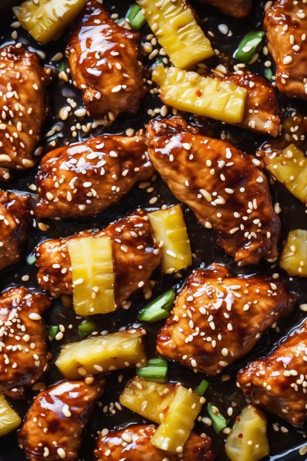 A high-resolution close-up of teriyaki sticky sesame chicken with pineapple bits in shiny glaze, under soft lighting.