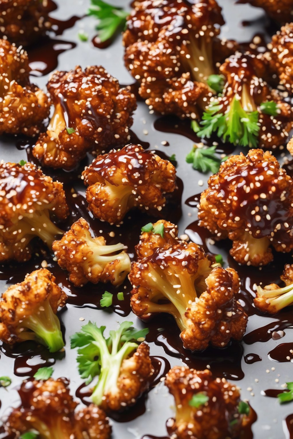 A high-resolution photo of vegan sticky sesame cauliflower florets coated in glossy sauce with sesame seeds, under soft lighting.